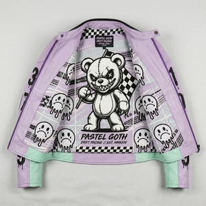 Women Pastel Goth Drift Racing Leather Jacket <b>Purple</b> Mint Green Crying Face Evil Bear Biker Outerwear - Product Image 5