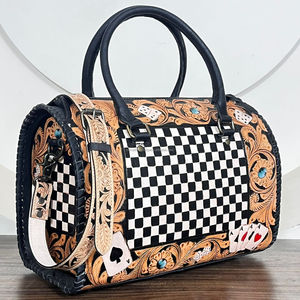 Limited Edition Checkerboard Tooled Leather Speedy Bag Floral Carving Cowhide Leather Card Design Big Size Duffle Bag for Unisex - Product Image 5
