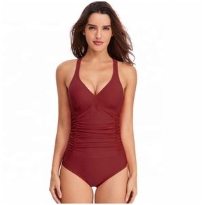 Nouveau Maillot de Bain Une Pièce Sexy Couleur Unie Col en V Dos Nu pour Femme – Idéal Été, Plage, OEM - Product Image 5