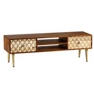 Mueble para TV de madera maciza de mango con cajones tallados en 3D, consola multimedia moderna para sala de estar con patas de metal - Product Image 1