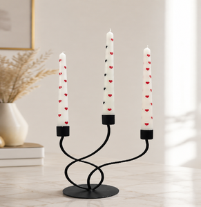 3-Arm <b>Black</b> Metal Taper Candle <b>Holder</b> with Heart Print Decorative Candles Modern Table Centerpiece for Home Decor - Product Image 1
