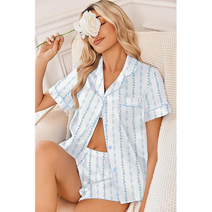 Conjunto de Pijama de Manga Corta para Mujer, Estampado a Rayas, Ropa de Dormir de Algodón, Informal, para Verano, con Botones y Cuello Camisero - Product Image 4