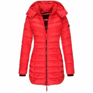 Veste longue matelassée à capuche pour femme, coupe-vent d'hiver, épaisse, avec fermeture éclair, vêtement d'extérieur décontracté, couleur unie, 100 % polyester - Product Image 2