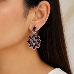 Wholesale Oxidized Silver-Plated Brass Flower Drop <b>Earrings</b> Red <b>Garnet</b> Bezel Set Women Jewelry Direct Factory Manufacturer - Product Image 2