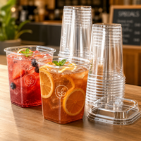 Gobelets carrés en plastique PET transparent de qualité alimentaire de 93 mm avec couvercles, de 12 oz à 24 oz, logo personnalisé pour thé à bulles et café