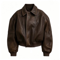 Blouson aviateur en cuir PU marron, col rabattu, fermeture éclair, longueur courte, style moto unisexe, vêtement d'automne