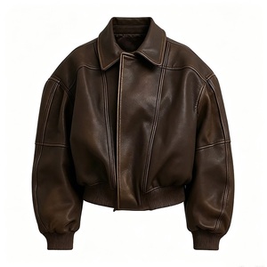 Brown PU <b>Leather</b> Bomber <b>Jacket</b> Turn-down Collar Zipper Closure Short Length Unisex Moto Style Autumn Wear - Product Image 1