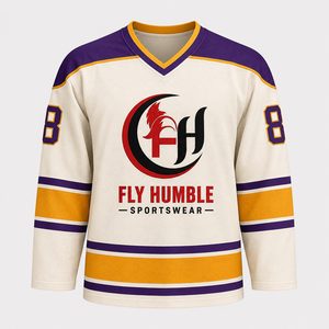 เสื้อฮอกกี้น้ำแข็งผู้ชาย Fly Humble สีขาว สำหรับทีมโกลด์ 10 พิมพ์ลายดิจิตอล โพลีเอสเตอร์ แห้งเร็ว สายปรับได้ แขนยาว ทรงปกติ - Product Image 3