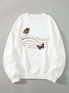 Sweat-shirt noir à col rond pour femme avec imprimé plumes et oiseaux blancs, coupe classique, en coton tricoté pour l'automne - Product Image 3