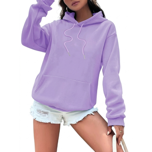 Sudadera con Capucha Morada para Mujer, Color Sólido, Manga Larga, Informal, de Algodón Tejido, con Bolsillos, para Otoño - Product Image 1