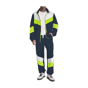 Men <b>Reflective</b> Tracksuit Full Zip Dark Blue Neon Yellow White Color Block Casual Workwear With Side Pockets Autumn Wear - Product Image 1