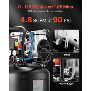 Compressore d'Aria Portatile da 10 Galloni con 2HP, 4.8 SCFM, 90PSI Max, 125PSI di Pressione, Senza Olio, Automatico con Ruote - Product Image 2