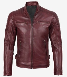 เสื้อแจ็คเก็ตหนังแท้สำหรับผู้ชาย สีน้ำตาล คอตั้ง ซิปหน้า สไตล์นักขี่มอเตอร์ไซค์ - Product Image 1