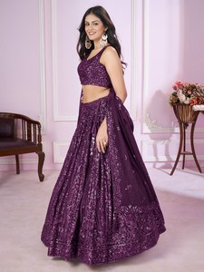 Lehenga Choli Tradicional Morado de Georgette con Lentejuelas Bordadas, Corte en A, Largo hasta el Suelo, Traje de Boda Reversible de Secado Rápido para Mujer - Product Image 5