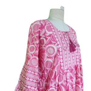 Vestido Maxi Estampado Rosa para Mujer, Cuello Redondo, Manga 3/4, Estilo Casual Holgado, Vestido Bohemio de Algodón, Venta al Por Mayor - Product Image 2