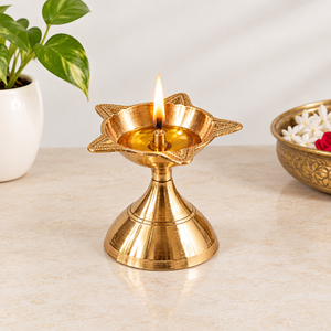 Antique Brass Star Shape Diya Oil Lamp with Pedestal Stand Traditional Puja Deepak for <b>Home</b> Temple Festive Decor - Product Image 5