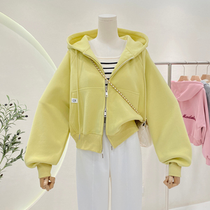 เสื้อฮู้ดซิปผู้หญิงทรงโอเวอร์ไซส์ สีพื้น ไหล่ตก ความยาวสั้น ผ้าถักผสมคอตตอน สไตล์ลำลองสำหรับฤดูใบไม้ร่วง - Product Image 5