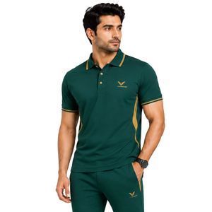 Polo Premium Verde y Dorado para Hombre con Diseño Minimalista de Paneles Laterales en Contraste, Logotipo Personalizado Bordado, Ropa Deportiva de Golf, Manga Corta - Product Image 1