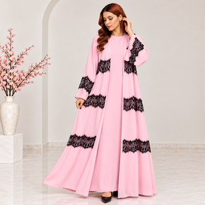 ALRESHA <b>Pink</b> Lace Panel Breathable Embroidered A-Line <b>Abaya</b> Plus Size Muslim Women Lantern Sleeve Maxi Dress Modest Floor Length - Product Image 1