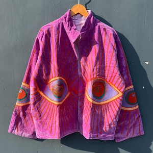 Premium Handcrafted Magenta Velvet Bomber <b>Jacket</b> with Intricate Evil Eye Embroidery and Sunburst Motif Zipper Closure <b>Jacket</b> - Product Image 1