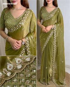 Sari de satén de lujo de primera calidad con bordado de cuentas y lentejuelas, y blusa con bordados elaborados de cuadros - Exportador indio - Product Image 6