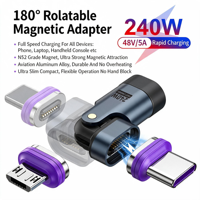 Adaptateur USB-C magnétique 240W PD31 à charge rapide, rotatif à 180 degrés, avec connecteur détachable 16 broches, convertisseur pour ordinateur portable et téléphone