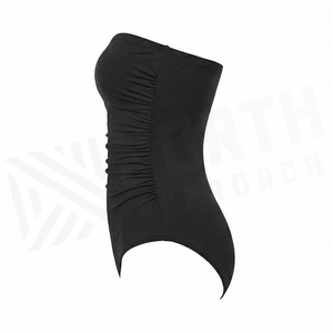 Strapless One Piece Swimsuit Women Ruched High Waist Solid Black <b>Tummy</b> <b>Control</b> Shapewear Bandeau Swimwear - Product Image 3