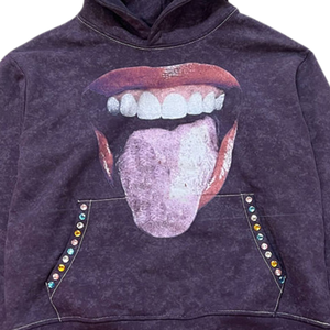 Sudadera con capucha vintage lavada con estampado gráfico y detalle de pedrería – Sudadera estilo streetwear para hombre y mujer, tela suave - Product Image 3