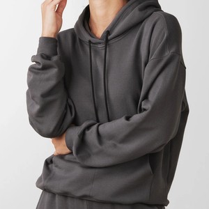 Sweat-shirt à capuche pour femme, bleu uni, 100% coton, tricoté, décontracté, pour l'automne, manches régulières, avec poche - Product Image 6