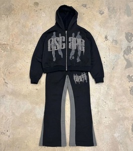 Custom Black Streetwear Eco-Friendly 100% Cotton Vintage Washed Zip <b>Hoodie</b> Wide Leg Sweatpants Set Embroidered Logo Patch - Product Image 3