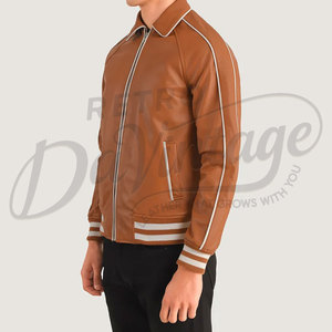 Chaqueta Bomber de Cuero Genuino Marrón para Hombre con Ribete Blanco, Cuello Camisero Clásico y Puños Acanalados a Rayas - Product Image 5