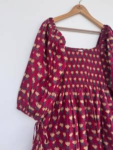 Floral Print Boho Maxi <b>Dress</b> Long Sleeves V-neck <b>Ruffle</b> Hem Modern Fit A-Line Natural Sweet Washable Summer Casual Hand Block - Product Image 3