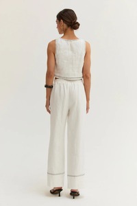 Women's <b>White</b> 100% Cotton Short Sleeve Collarless Solid Top Vintage Style Eco-Friendly Loose Fit <b>2</b> <b>Piece</b> Long Co-ord <b>Set</b> - Product Image 3