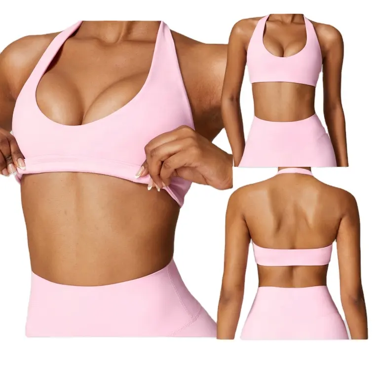 Halter neck summer sexy running shockproof beautiful back yoga bra fitness top high support sports bra for women