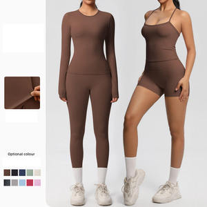 Ensemble de yoga 2 pièces pour femme, de marque renommée, dos nageur, col rond, longueur intégrale, sans manches, taille haute, uni, respirant, sans couture, haute performance - Product Image 1