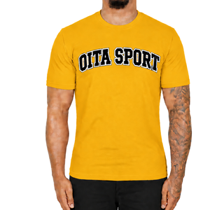T-shirt ajusté jaune doré pour homme, manches courtes, col rond, imprimé personnalisé, coupe slim, décontracté, en coton, vente en gros, streetwear, sport - Product Image 1