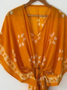 Caftán Maxi de Algodón con Estampado Floral Étnico, Color Naranja, Estilo Boho, Cuello en V, para Playa o Resort de Verano - Product Image 4