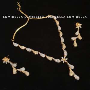 Floral American Diamond Studded Alloy Gold Plated Zircon Jewelry Set with Necklace & Bracelet for Wedding/Party - Product Image 3