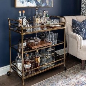 Luxury Iron Bar Cart with Gold Finish Glass Shelves Rolling <b>Serving</b> <b>Trolley</b> Home Bar Kitchen Dining Home Hotel Restaurant Decor - Product Image 5