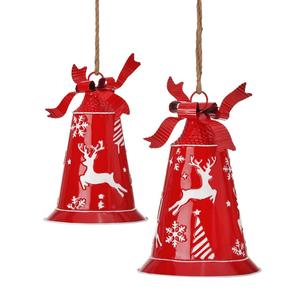 Adorno Navideño de Campana Metálica Roja con Diseño de Reno y Copo de Nieve, Decoración Colgante de Estilo Tradicional, Hecho a Máquina - Product Image 1