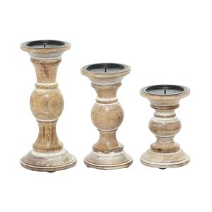 Juego de Portavelas de Madera Blanqueada, Trío de Candelabros de Madera Torneados a Mano - Product Image 1