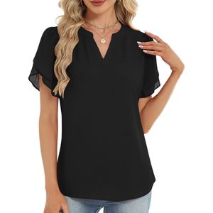 Pretty Monochrome <b>Mini</b> Floral Print Shirts V Neck Short Flutter Sleeve Flowy Daily Work Blouses Women's Chiffon Shirts - Product Image 5