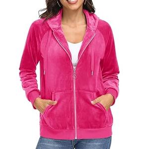 Sudadera con capucha de terciopelo de algodón y elastano personalizada para mujer, con cremallera frontal y logo, para invierno, color rosa, venta al por mayor OEM - Product Image 1