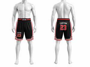Shorts de basketball personnalisés pour hommes, noir, rouge, blanc, impression par sublimation, taille élastique, séchage rapide, longueur Bermuda, vêtements de sport - Product Image 1