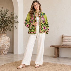 Women's Winter Knitted Bomber <b>Jacket</b> Suzani Hand Embroidery Woven <b>Mandarin</b> <b>Collar</b> Floral 100% Cotton Quick Dry XL - Product Image 4