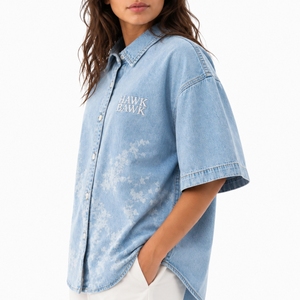 Women Short Sleeve Denim Shirt Premium Soft Breathable Stylish Comfortable Durable Lightweight Summer Friendly Design Wear - Product Image 3