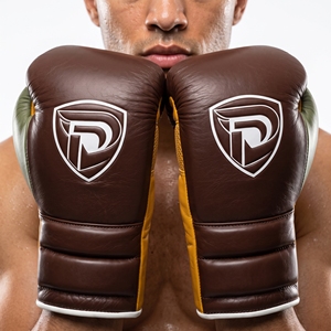 Dumela Leather <b>Boxing</b> <b>Gloves</b> <b>16</b> <b>Oz</b> Brown Yellow Green Training Gear with Logo Design - Product Image 3