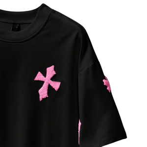 Black Women's Summer Breathable Knitted Loose <b>T</b> <b>Shirt</b> Pink Bow Embroidery Short Sleeve Crew Neck Casual Streetwear - Product Image 3