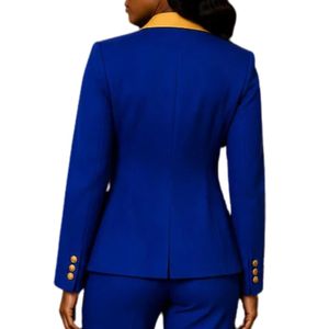 Royal <b>Blue</b> <b>Women's</b> Tailored Pant <b>Suit</b> with Gold Contrast Lapels Embroidered Greek Crest Blazer and Matching <b>Trousers</b> Elegant - Product Image 4