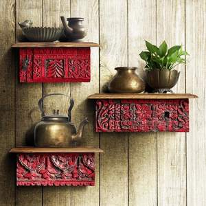Ensemble de 3 étagères murales sculptées vintage, étagères flottantes en bois au design antique, disponibles en vert, rouge, bleu, blanc - Product Image 1